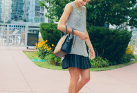 knitted tank, faux leather skirt and a leopard bag — via @TheFoxandShe