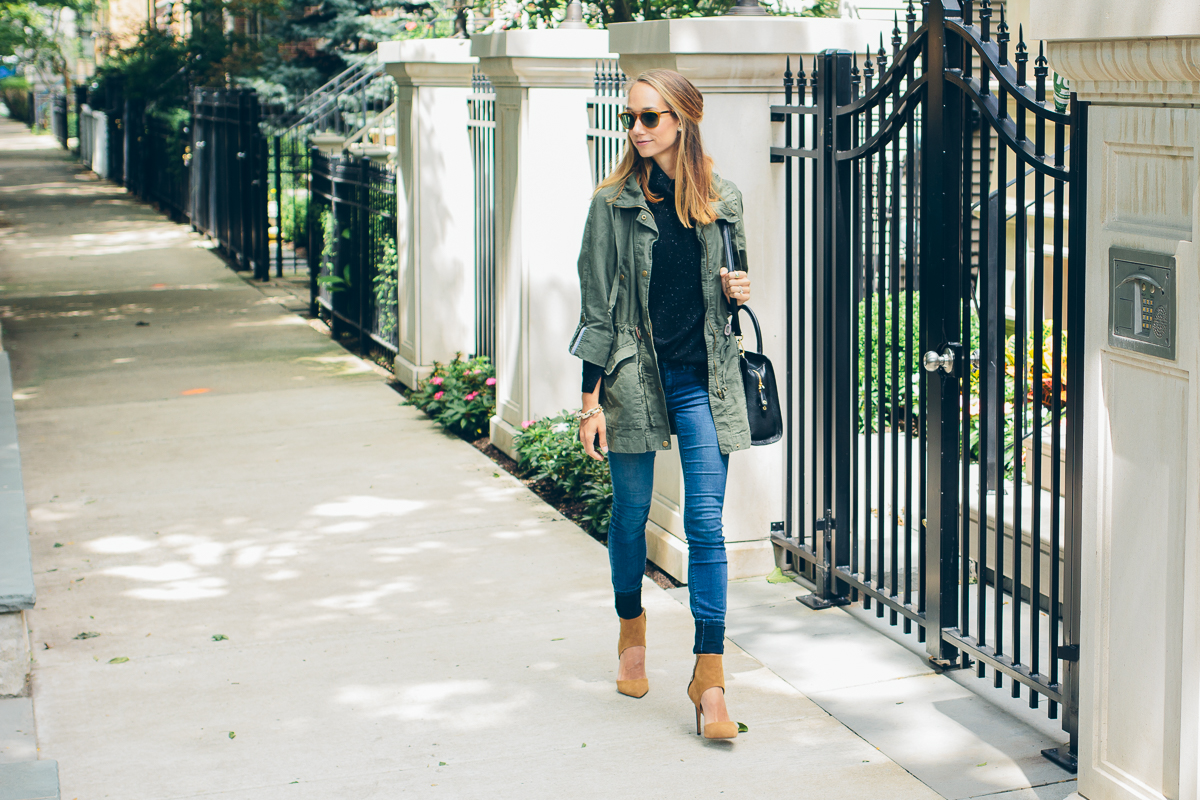 cashmere sweater, skinny jeans, military jacket and heels — via @TheFoxandShe