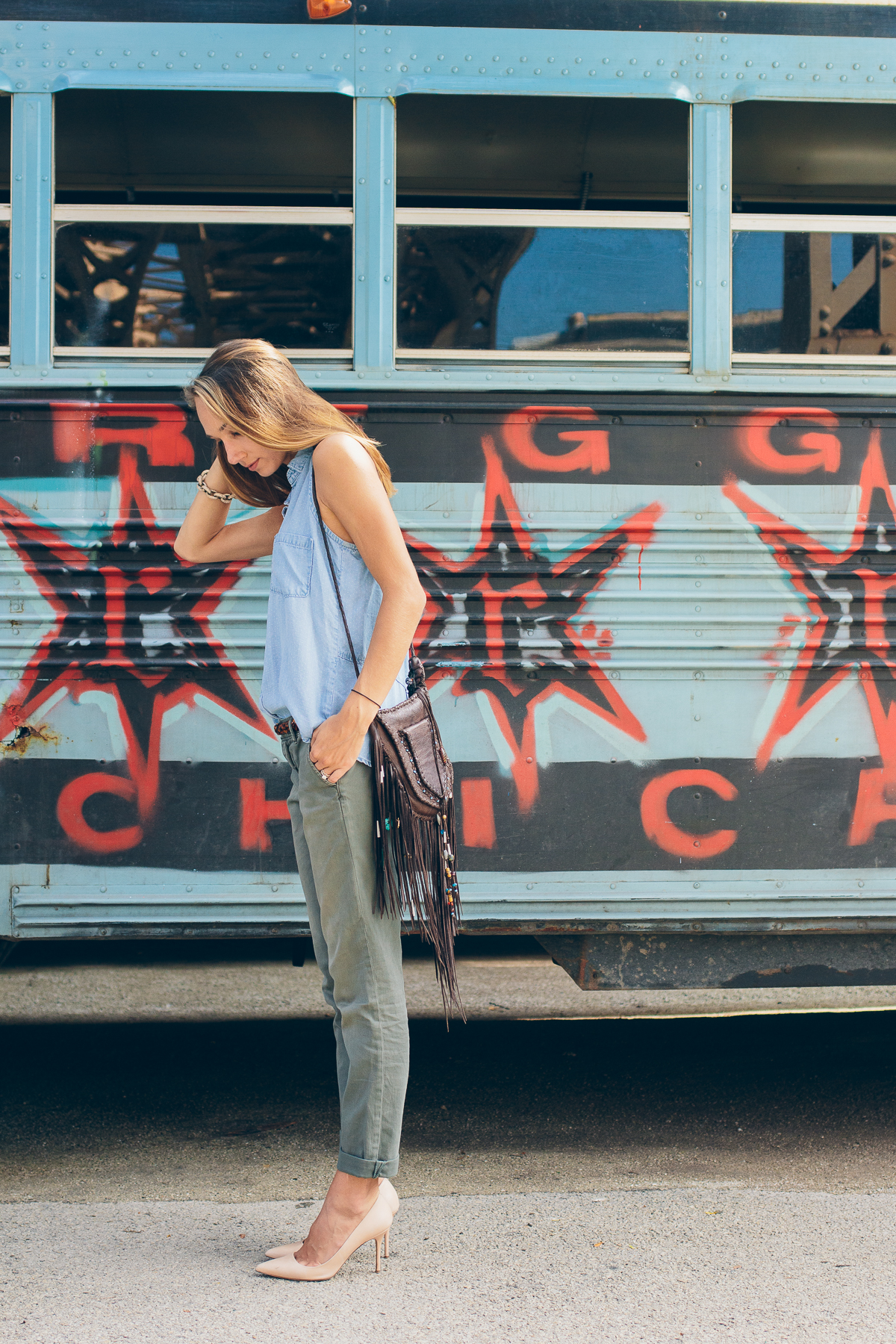 Chambray Shirt, Boyfriend Pants & Fringed Crossbody — via @TheFoxandShe
