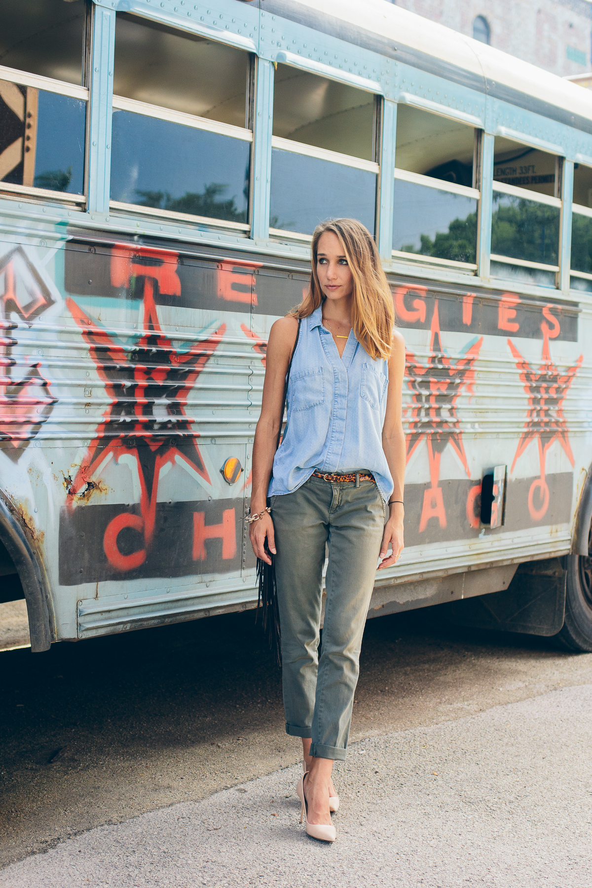 Chambray Shirt, Boyfriend Pants & Fringed Crossbody — via @TheFoxandShe
