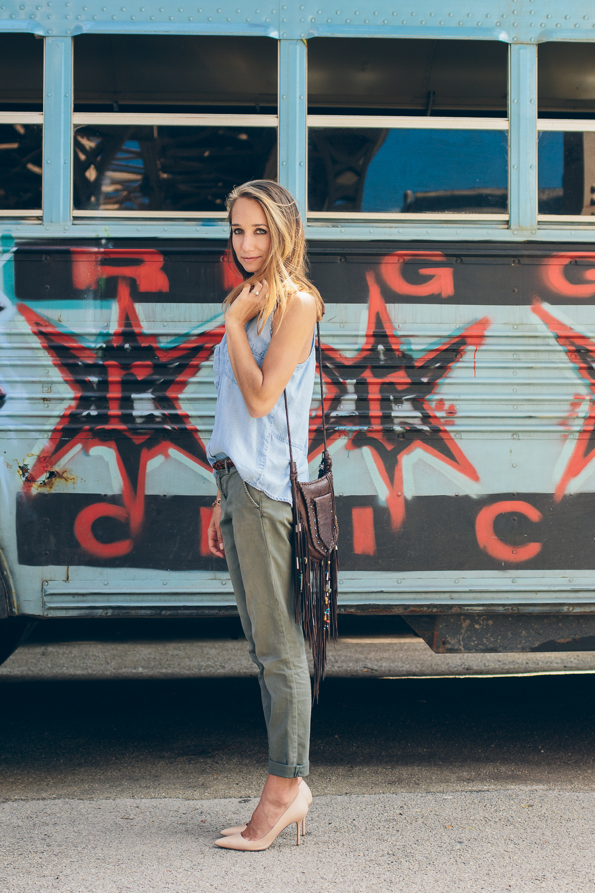 Chambray Shirt, Boyfriend Pants & Fringed Crossbody — via @TheFoxandShe