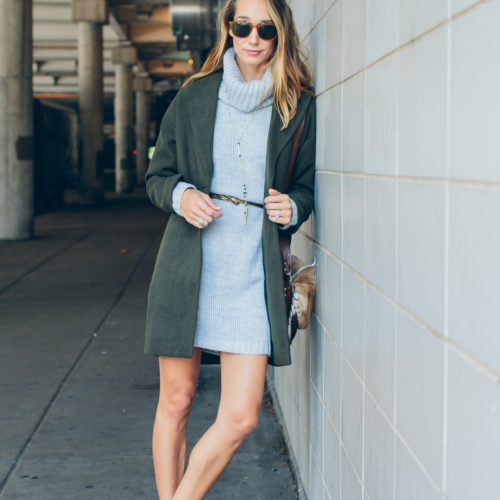 cowl neck sweater dress and cocoon coat — via @TheFoxandShe