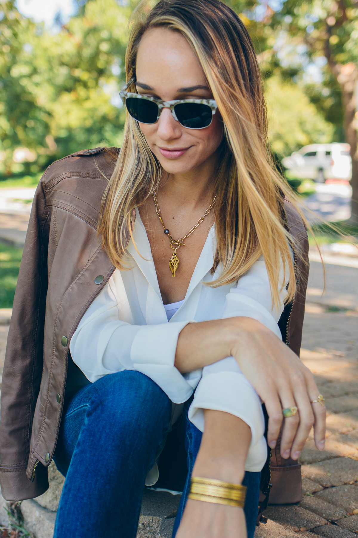 leather jacket, silk blouse — via @TheFoxandShe
