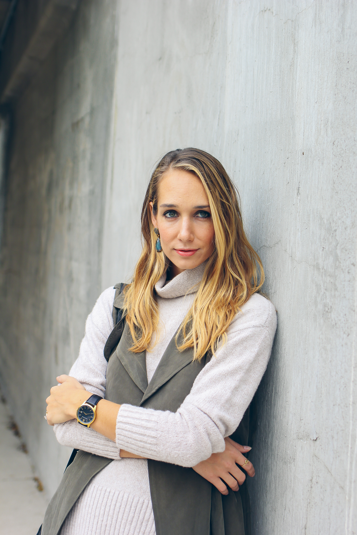 Larsson & Jennings watch, turtleneck sweater, trench vest — via @TheFoxandShe