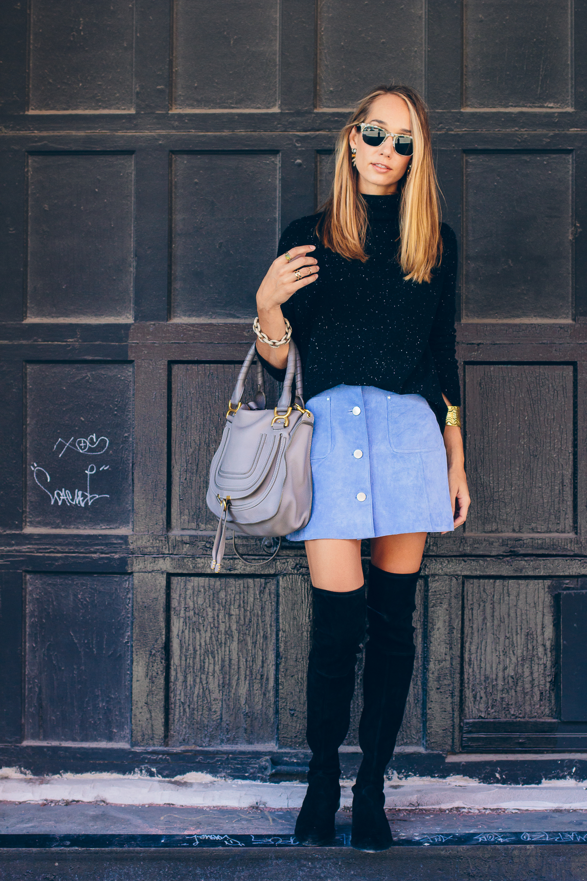 suede skirt, outfit idea, fall fashion, over the knee boots — via @TheFoxandShe