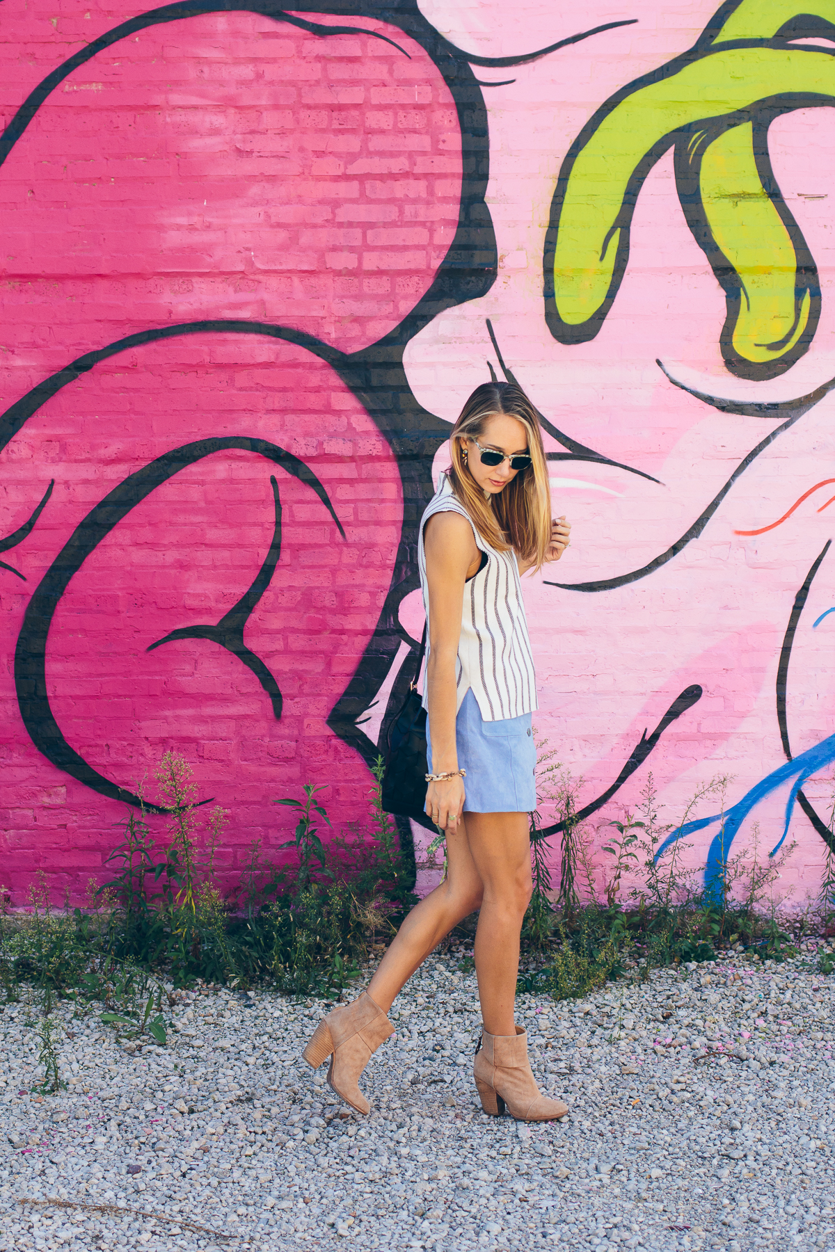 striped top, suede skirt, fall fashion — via @TheFoxandShe