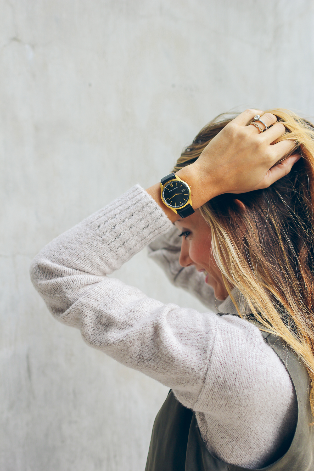 chunky knit sweater and black and gold watch — via @TheFoxandShe