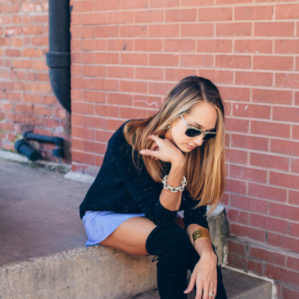 suede skirt, outfit idea, fall fashion, over the knee boots — via @TheFoxandShe