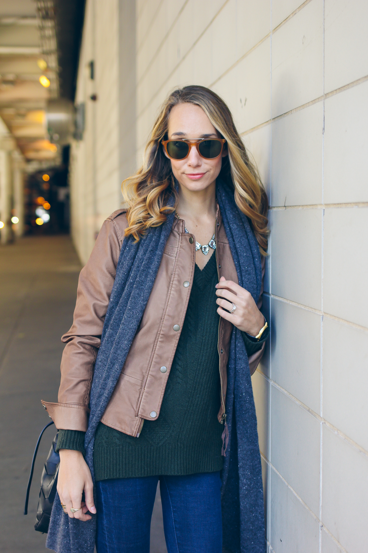 vegan leather jacket, cashmere scarf — via @TheFoxandShe