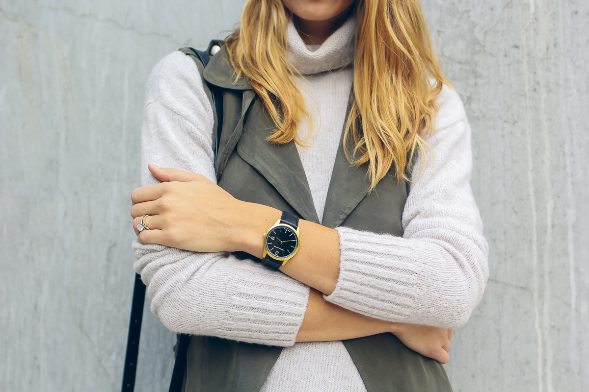 Larsson & Jennings watch, turtleneck sweater, trench vest — via @TheFoxandShe