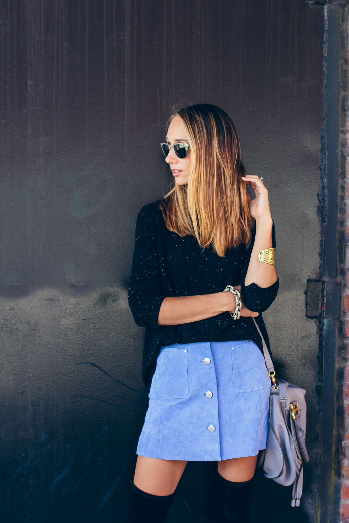 suede skirt, outfit idea, fall fashion, over the knee boots — via @TheFoxandShe