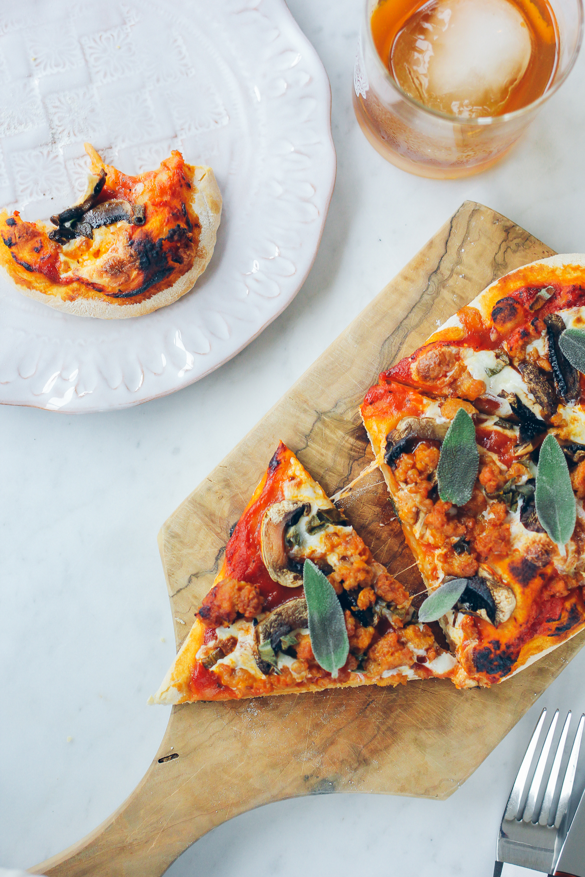 homemade pizza with sausage, mushroom and sage — via @TheFoxandShe