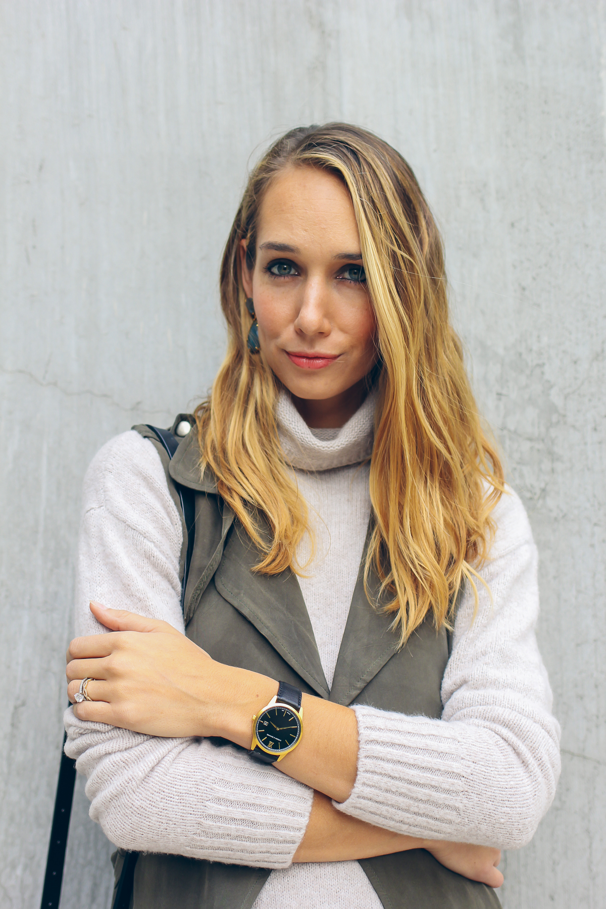 Larsson & Jennings watch, turtleneck sweater, trench vest — via @TheFoxandShe