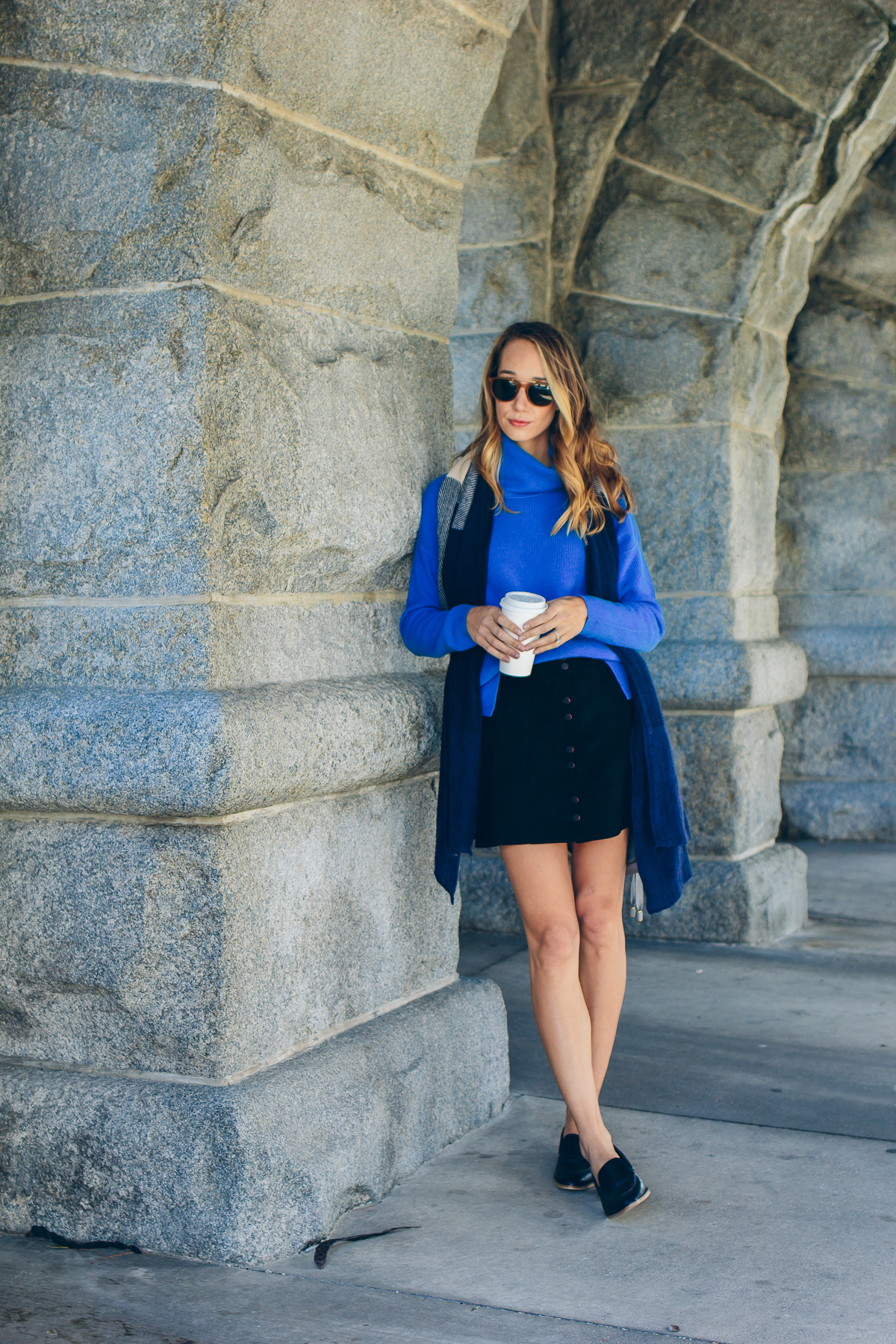 blue cashmere sweater, suede skirt, loafers, plaid scarf, fall fashion, outfit idea — via @TheFoxandShe