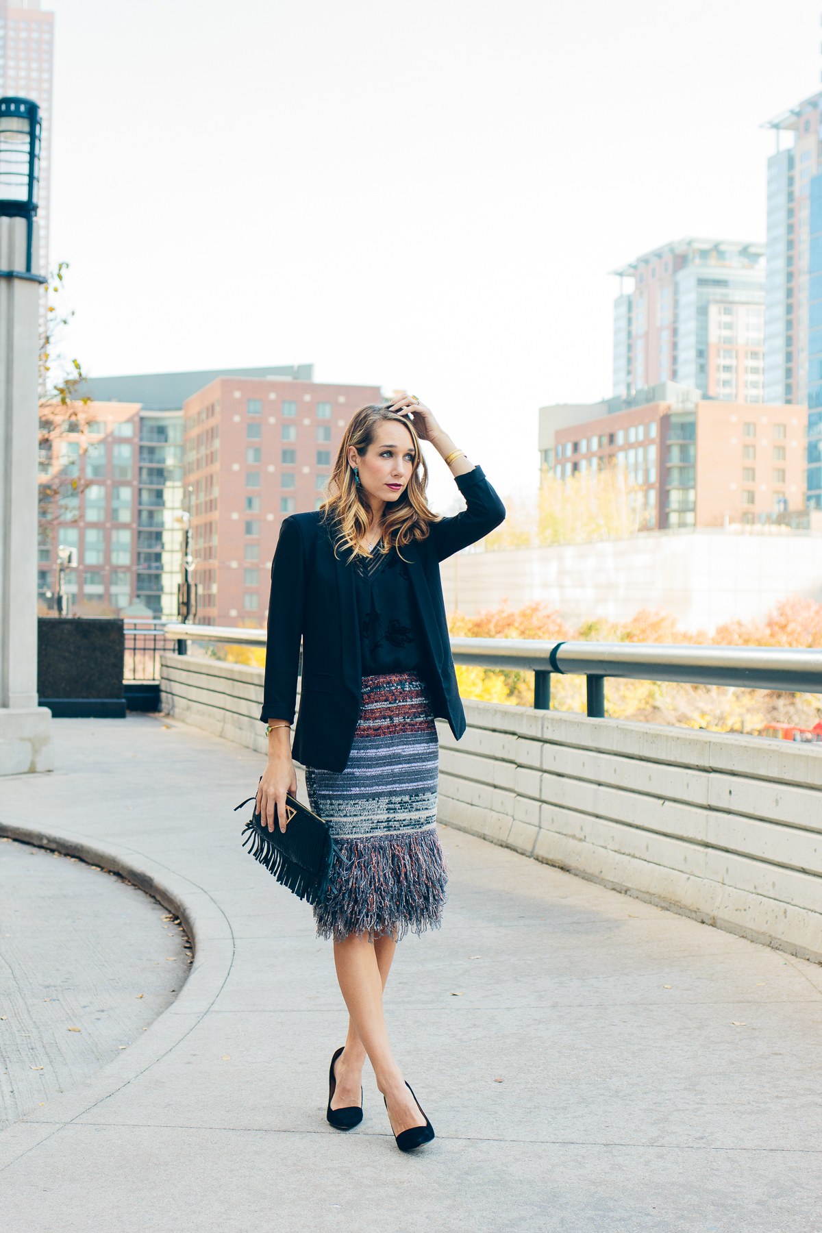 blazer, fringed skirt, black heels, holiday outfit — via @TheFoxandShe