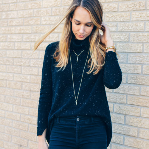 black sweater and black jeans, simple gold jewelry, outfit inspiration — via @TheFoxandShe