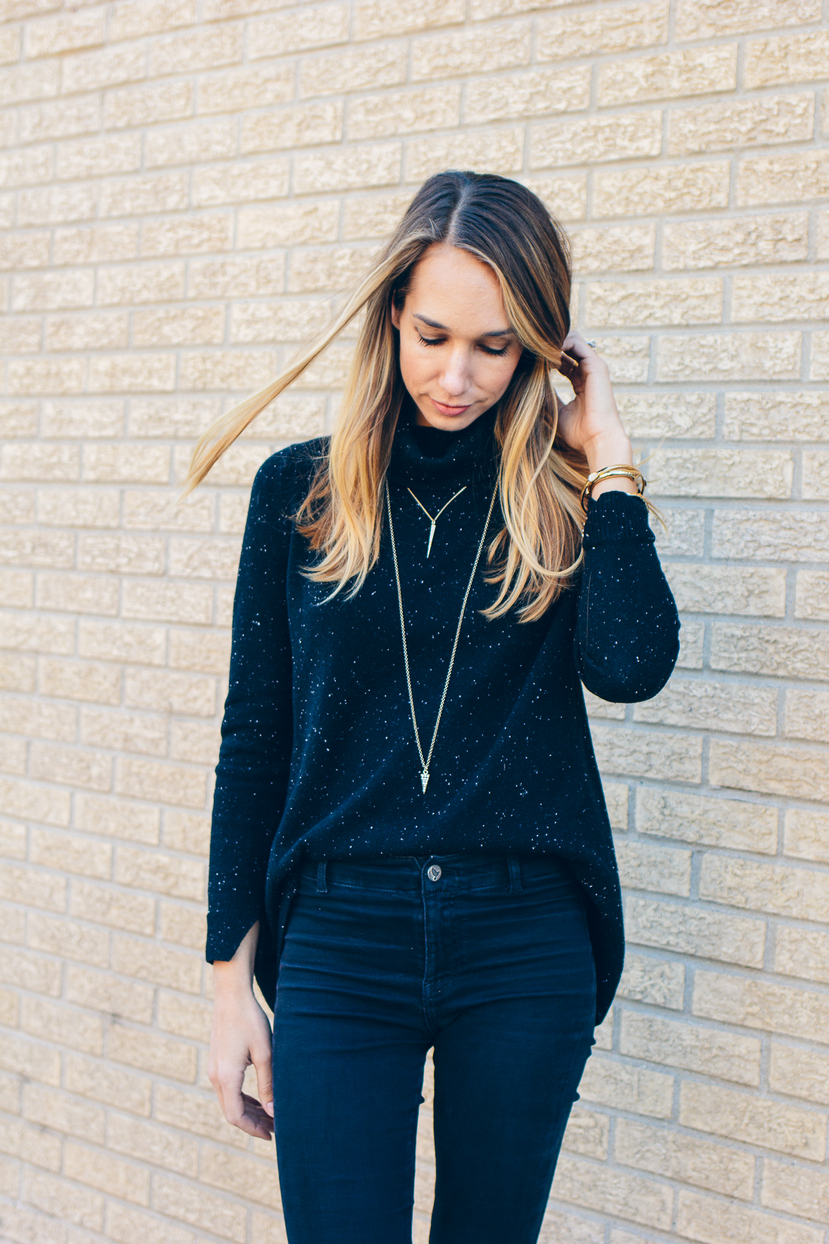 black sweater and black jeans, simple gold jewelry, outfit inspiration — via @TheFoxandShe