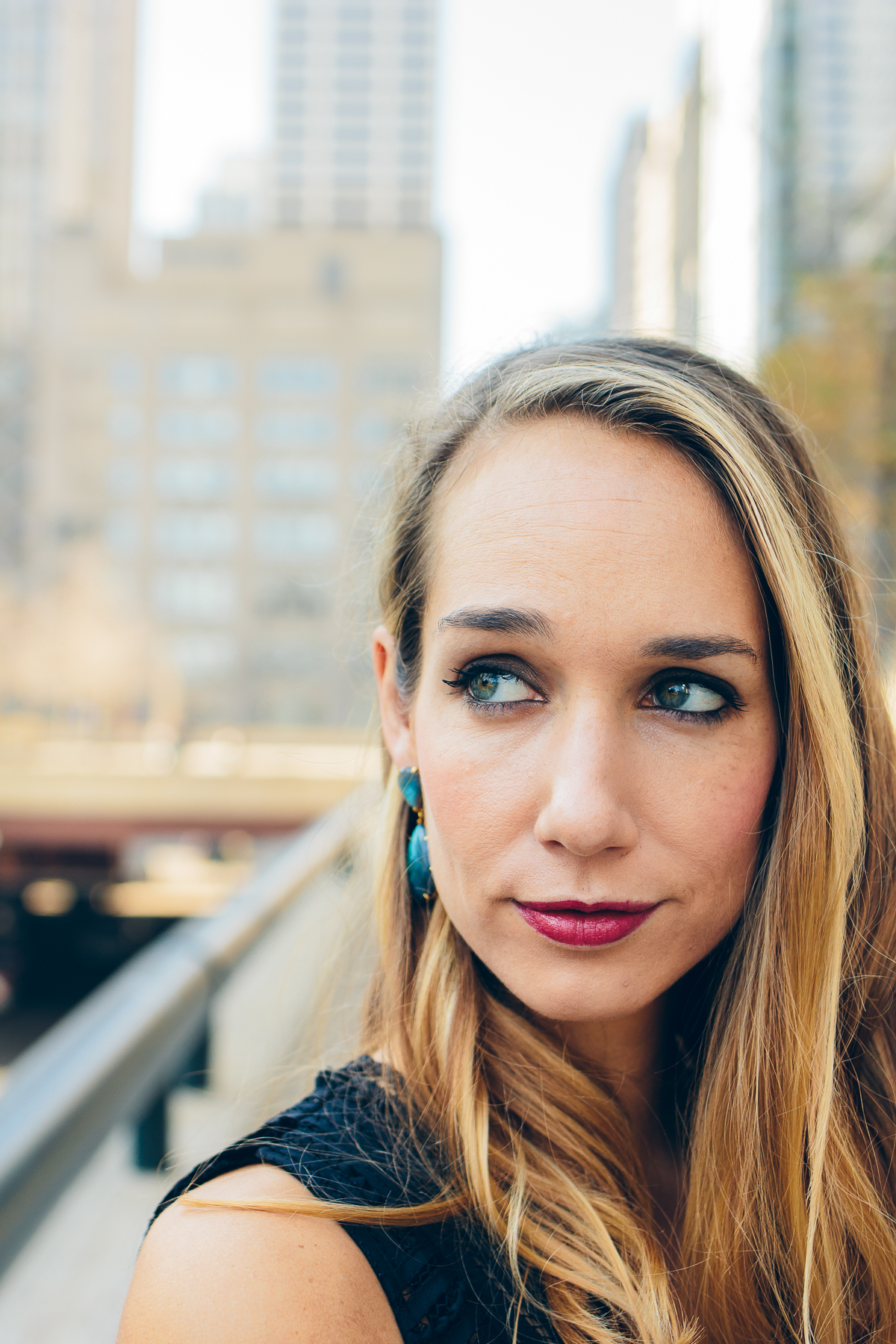 dark red lip, drop earrings, margaret elizabeth jewelry — via @TheFoxandShe