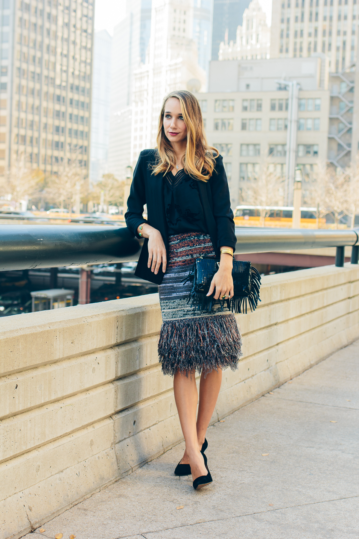 blazer, fringed skirt, black heels, holiday outfit — via @TheFoxandShe
