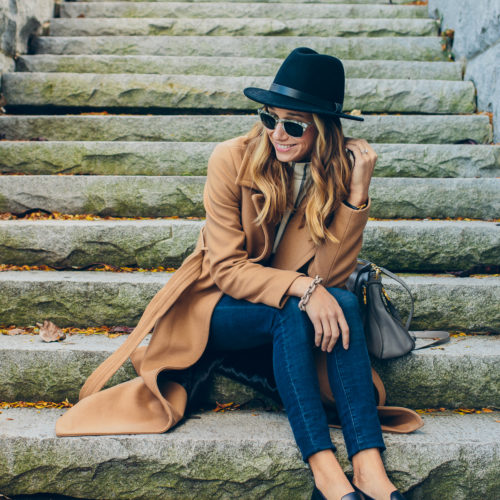 fall outfit, camel coat, felt hat, chic loafers — via @TheFoxandShe