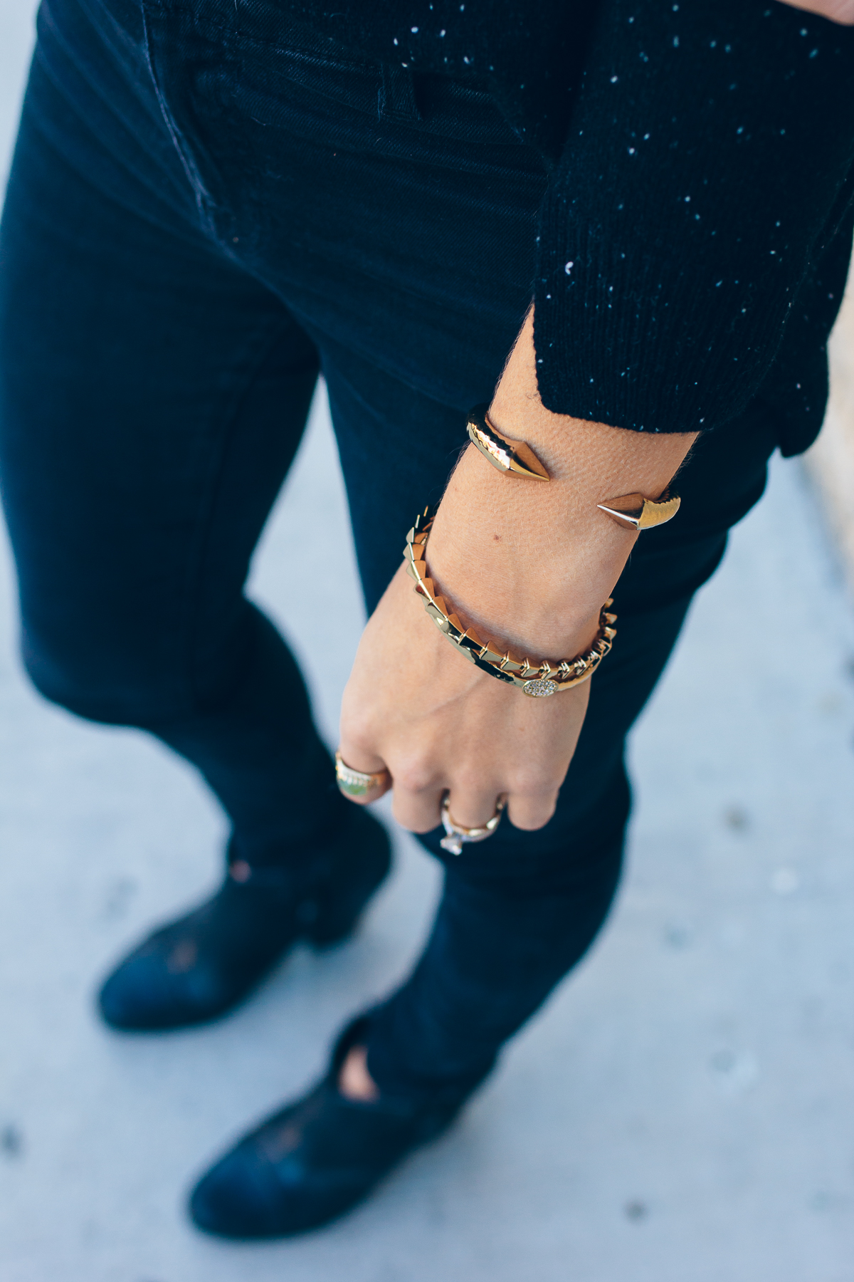 black sweater and black jeans, simple gold jewelry, outfit inspiration — via @TheFoxandShe