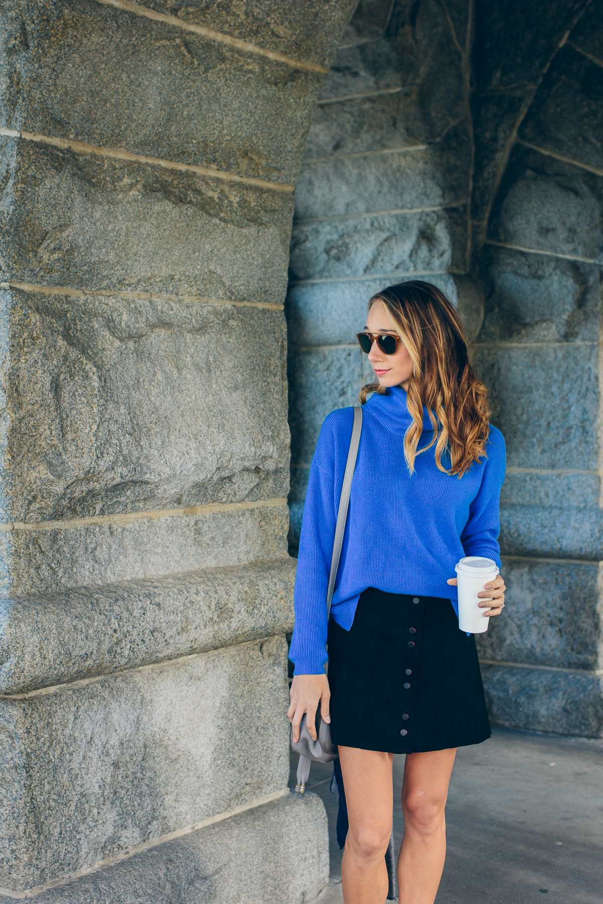 blue cashmere sweater, suede skirt, loafers, plaid scarf, fall fashion, outfit idea — via @TheFoxandShe