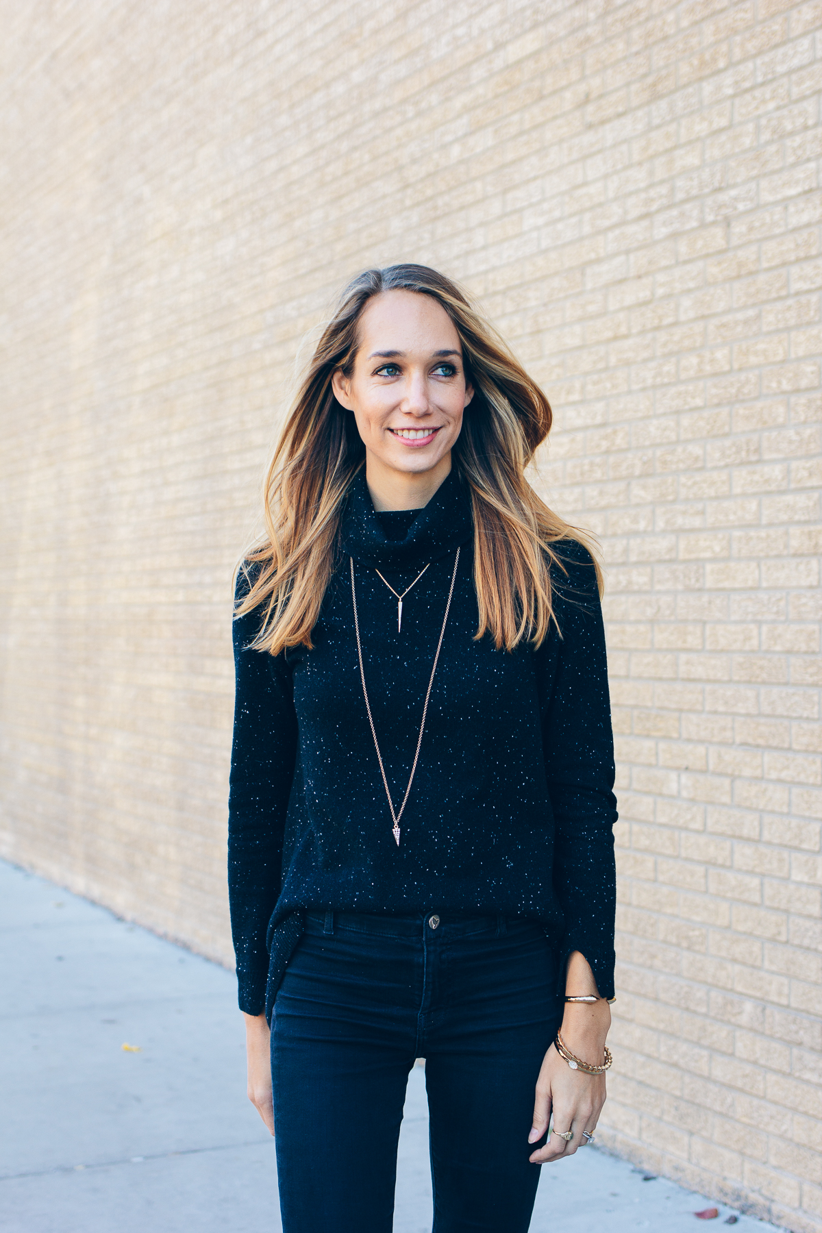 black sweater and black jeans, simple gold jewelry, outfit inspiration — via @TheFoxandShe