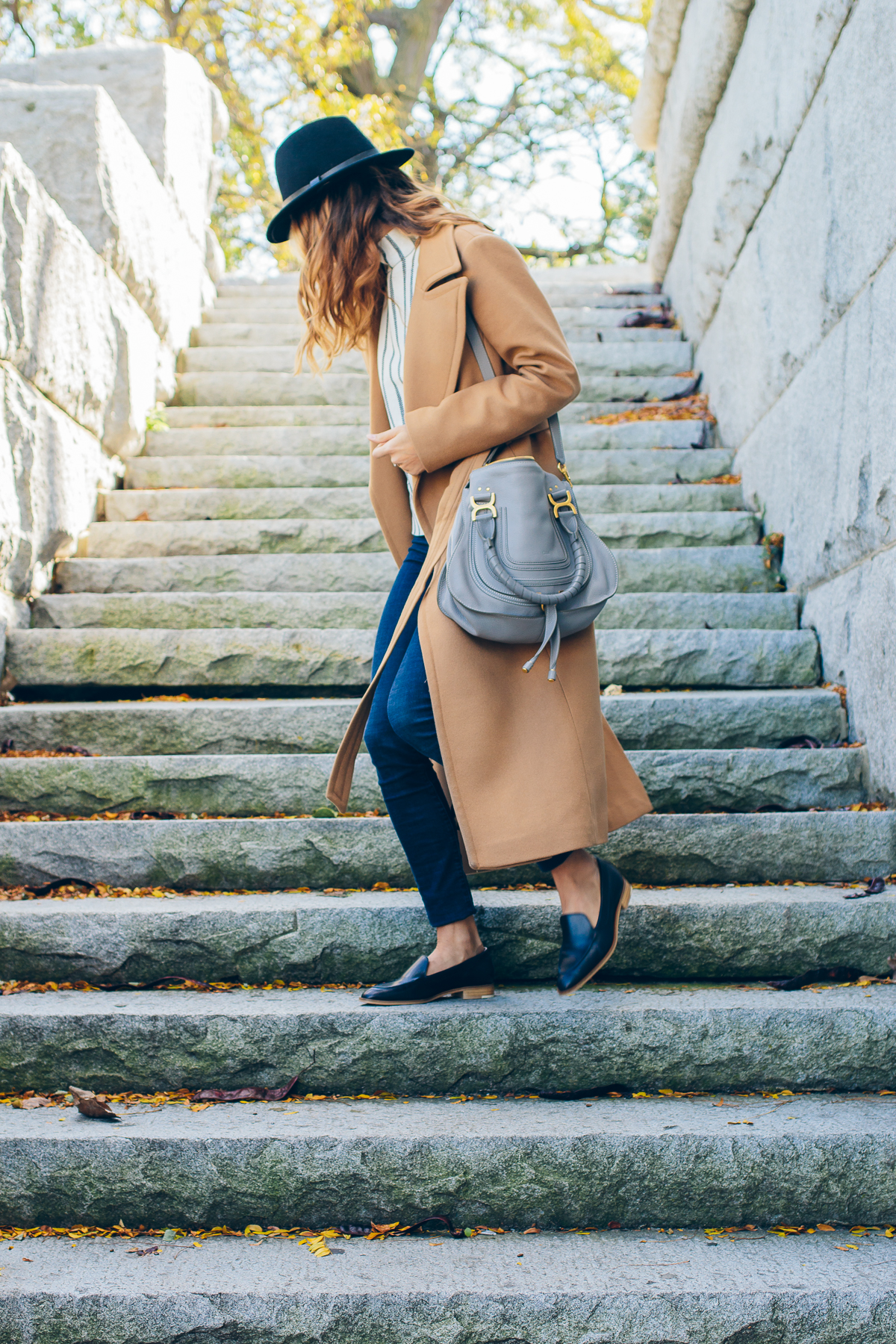 fall outfit, camel coat, felt hat, chic loafers — via @TheFoxandShe