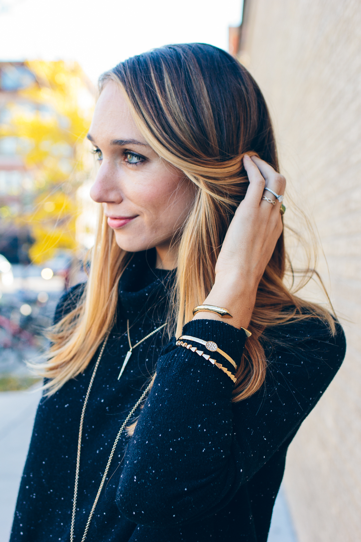 black sweater and black jeans, simple gold jewelry, outfit inspiration — via @TheFoxandShe