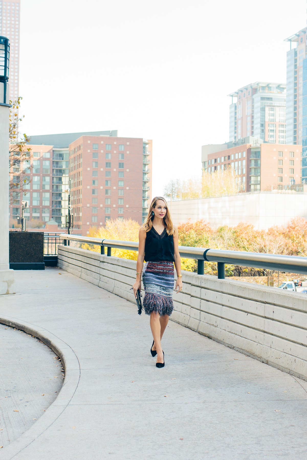 velvet top, fringed skirt, black heels, holiday outfit — via @TheFoxandShe