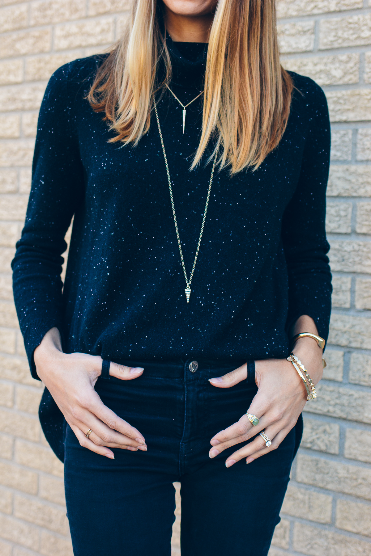 black sweater and black jeans, simple gold jewelry, outfit inspiration — via @TheFoxandShe