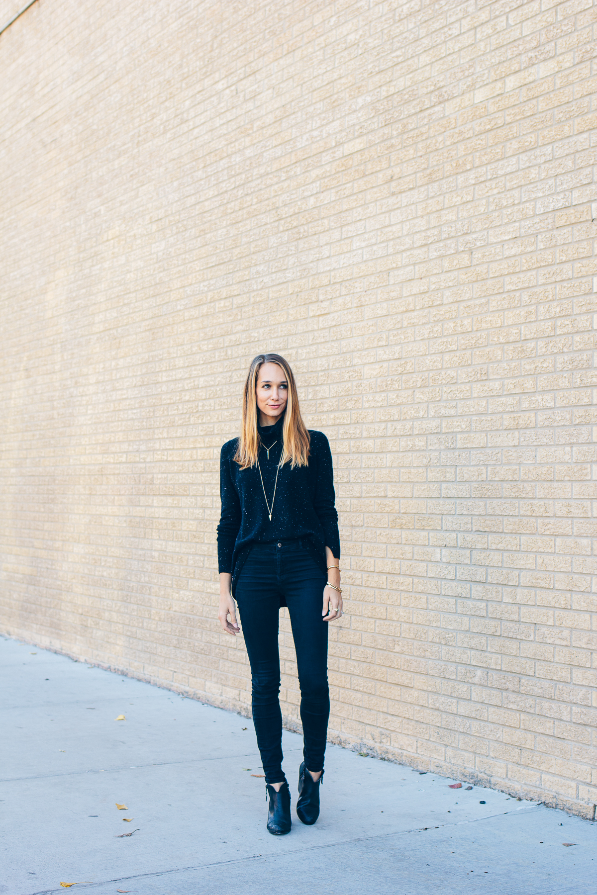 black sweater and black jeans, simple gold jewelry, outfit inspiration — via @TheFoxandShe