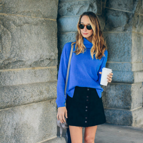 blue cashmere sweater, suede skirt, loafers, plaid scarf, fall fashion, outfit idea — via @TheFoxandShe