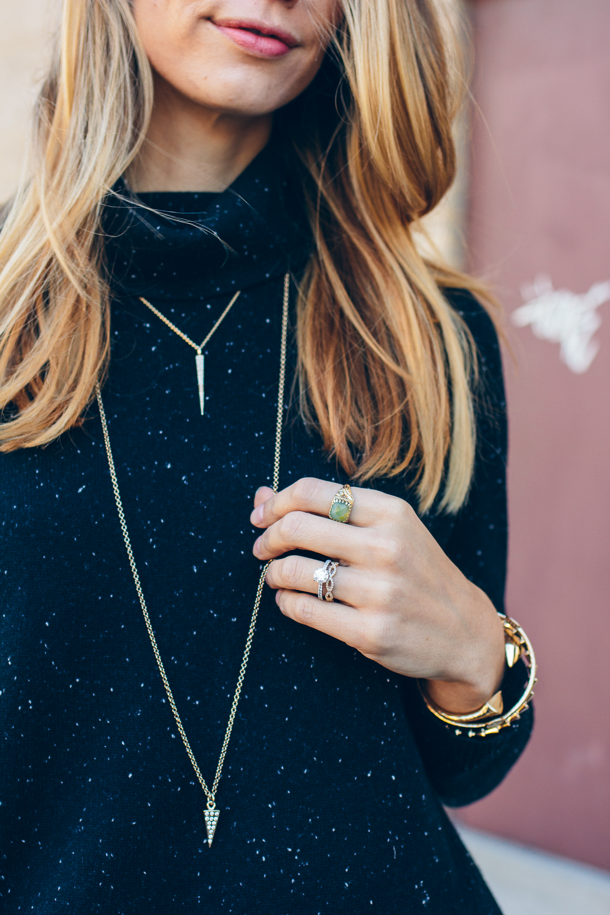 black sweater and black jeans, simple gold jewelry, outfit inspiration — via @TheFoxandShe