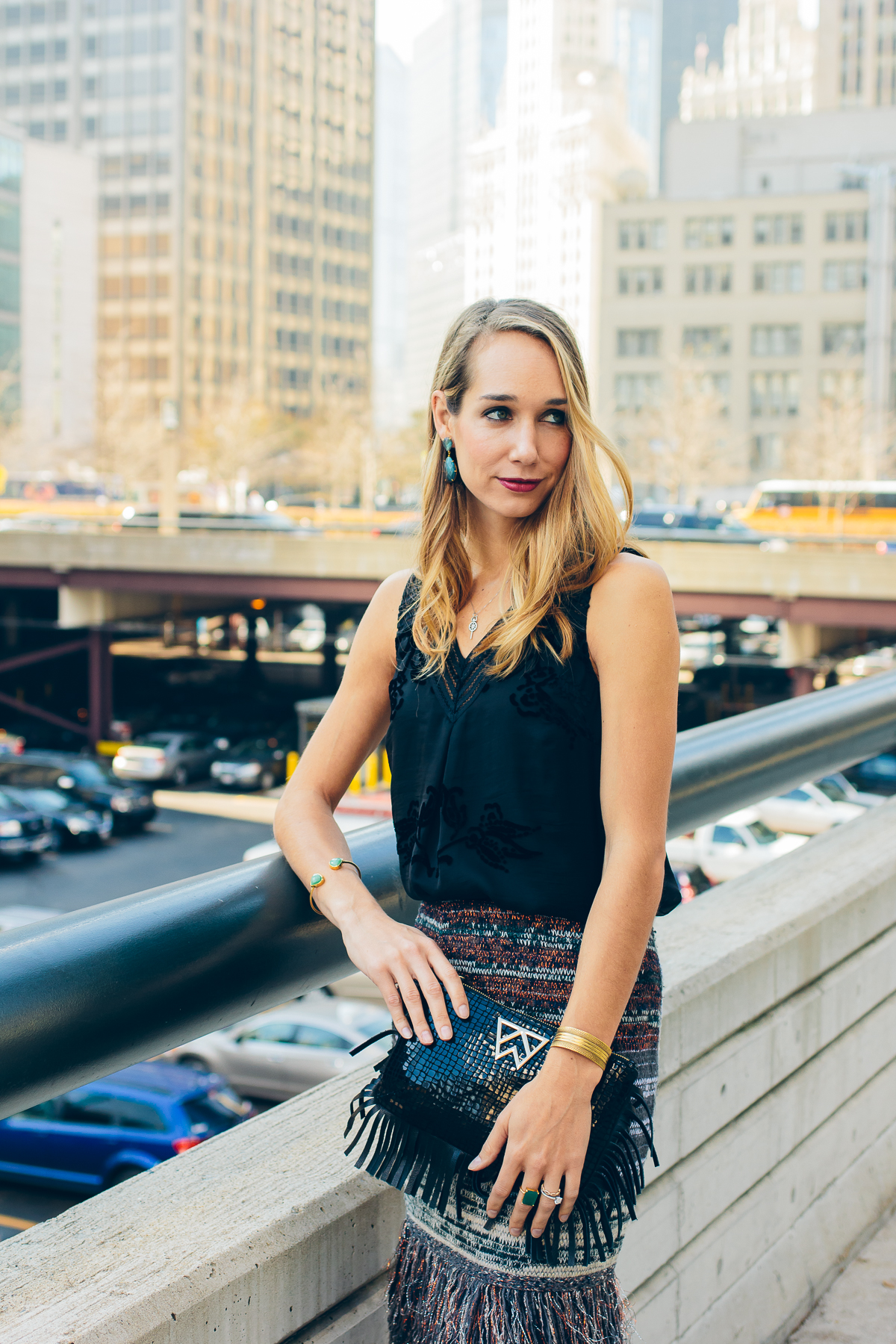 velvet top, fringed skirt, black heels, holiday outfit — via @TheFoxandShe
