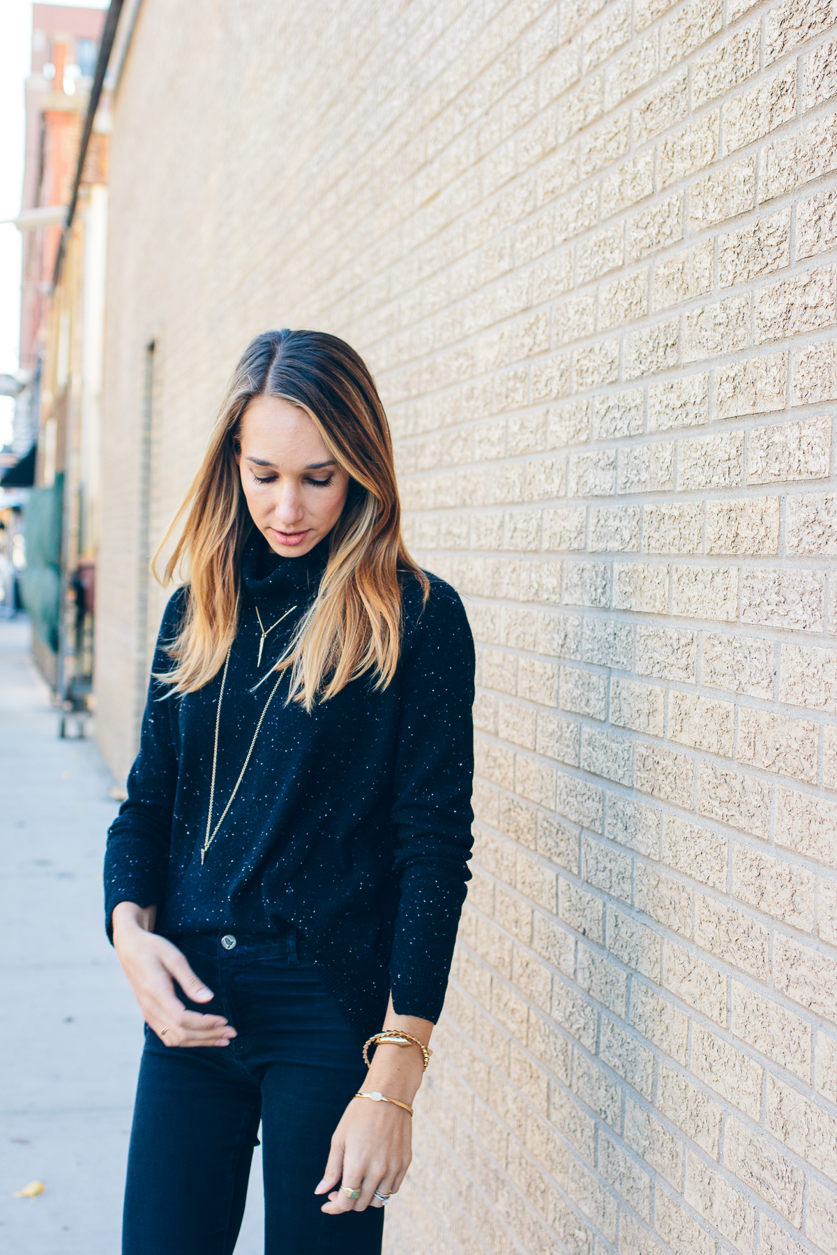 black sweater and black jeans, simple gold jewelry, outfit inspiration — via @TheFoxandShe