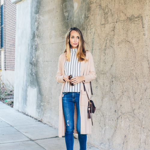 casual winter outfit, striped tee, long cardigan, loafers — via @TheFoxandShe