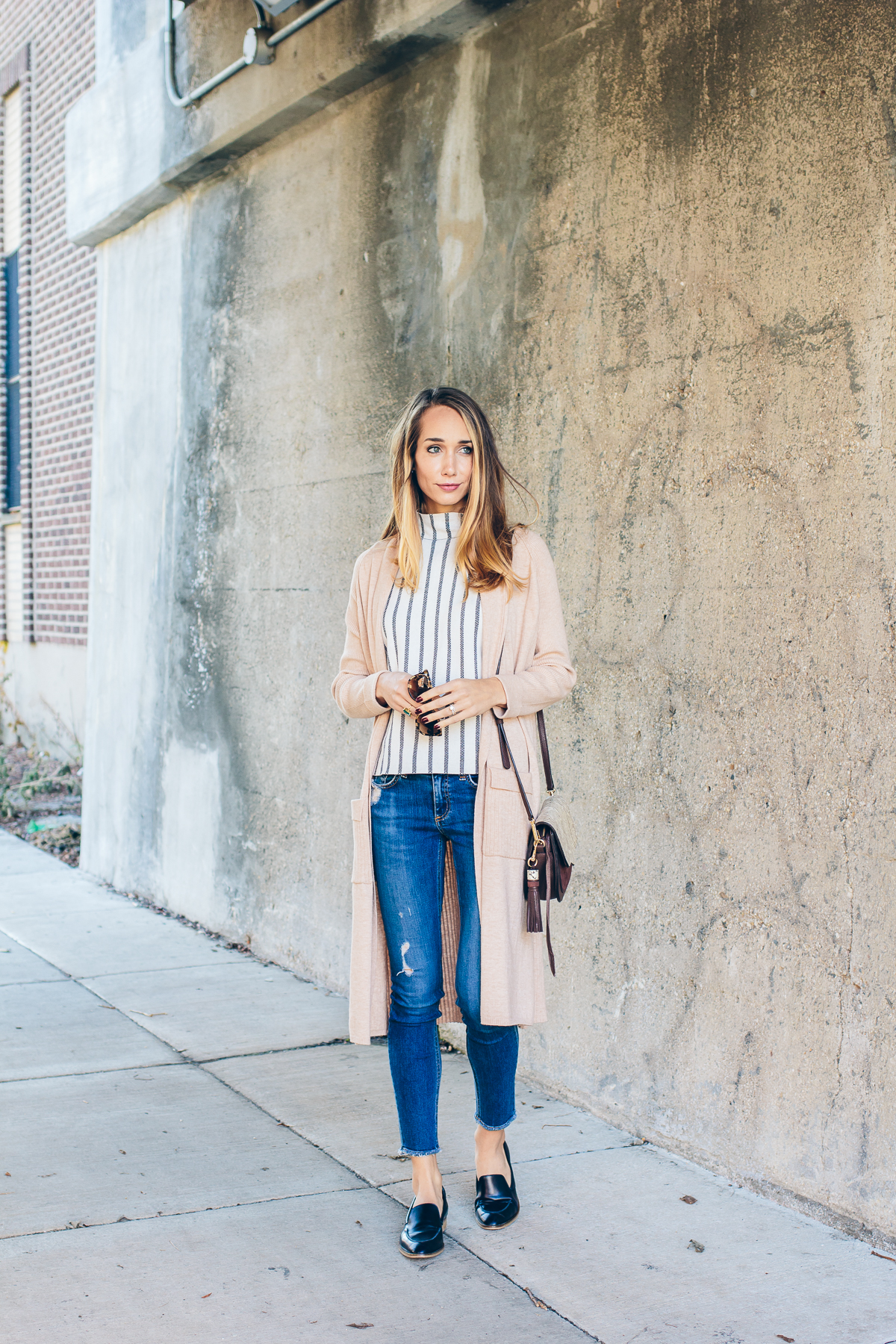 casual winter outfit, striped tee, long cardigan, loafers — via @TheFoxandShe