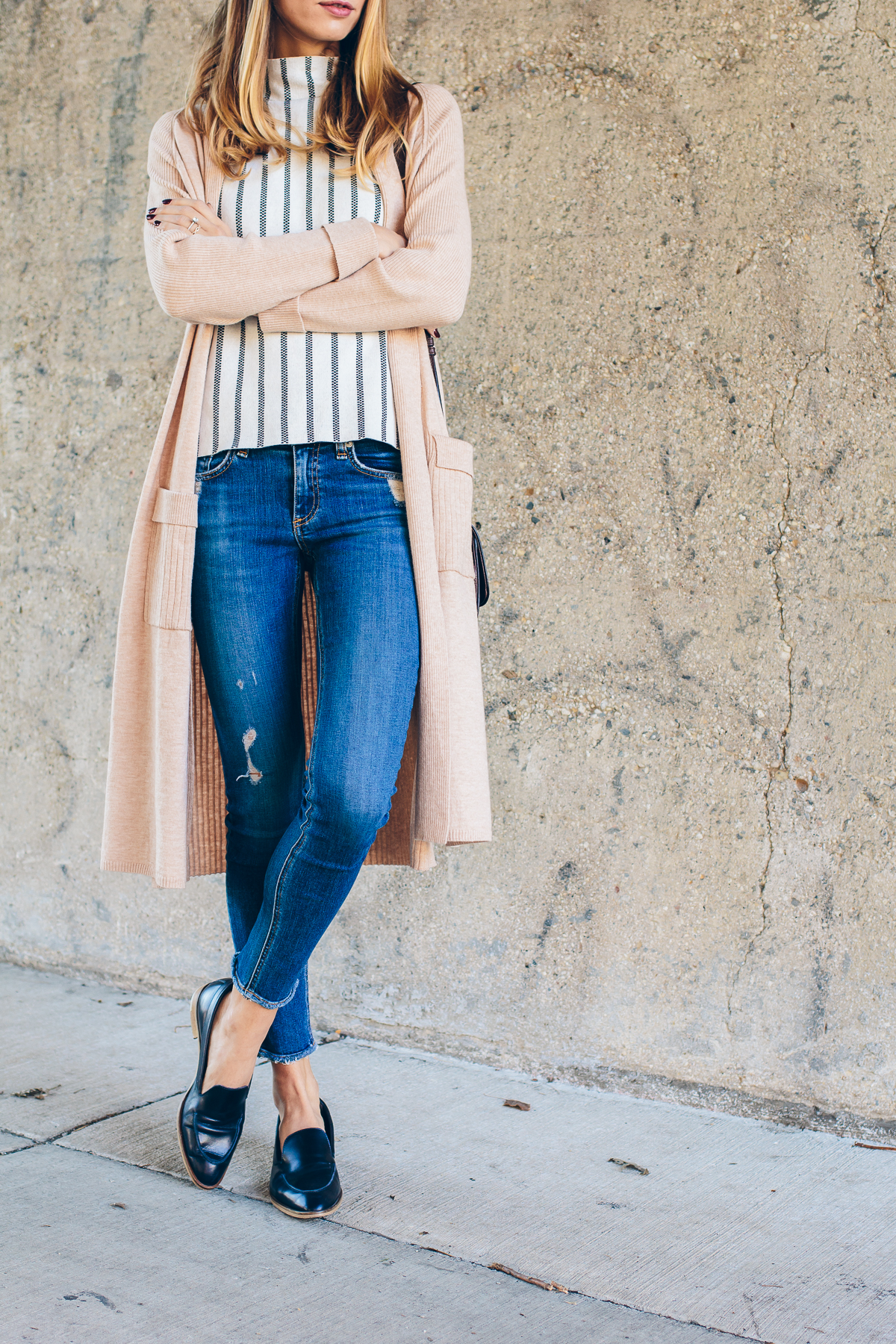 casual winter outfit, striped tee, long cardigan, loafers — via @TheFoxandShe