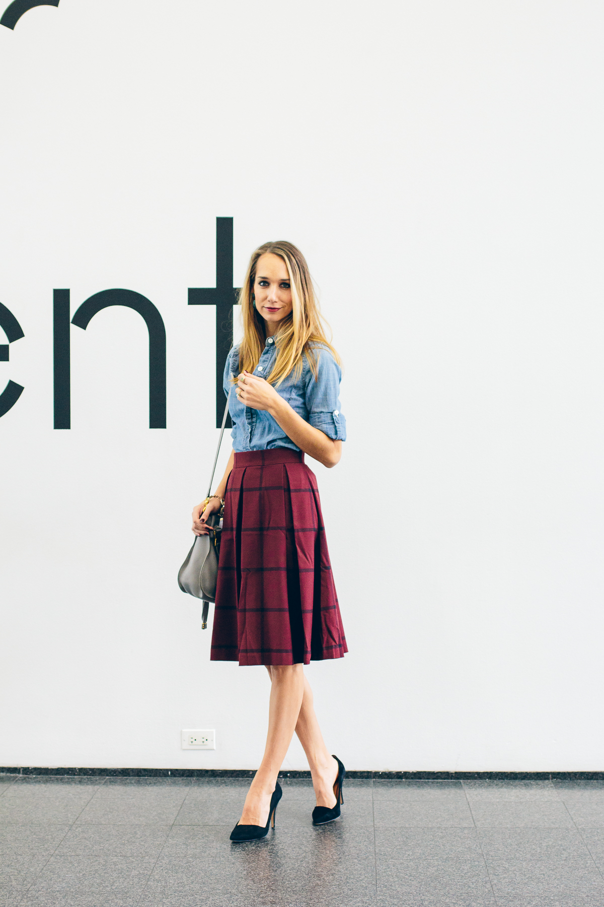 plaid midi skirt, chambray top, holiday outfit idea, outfit inspiration — via @TheFoxandShe