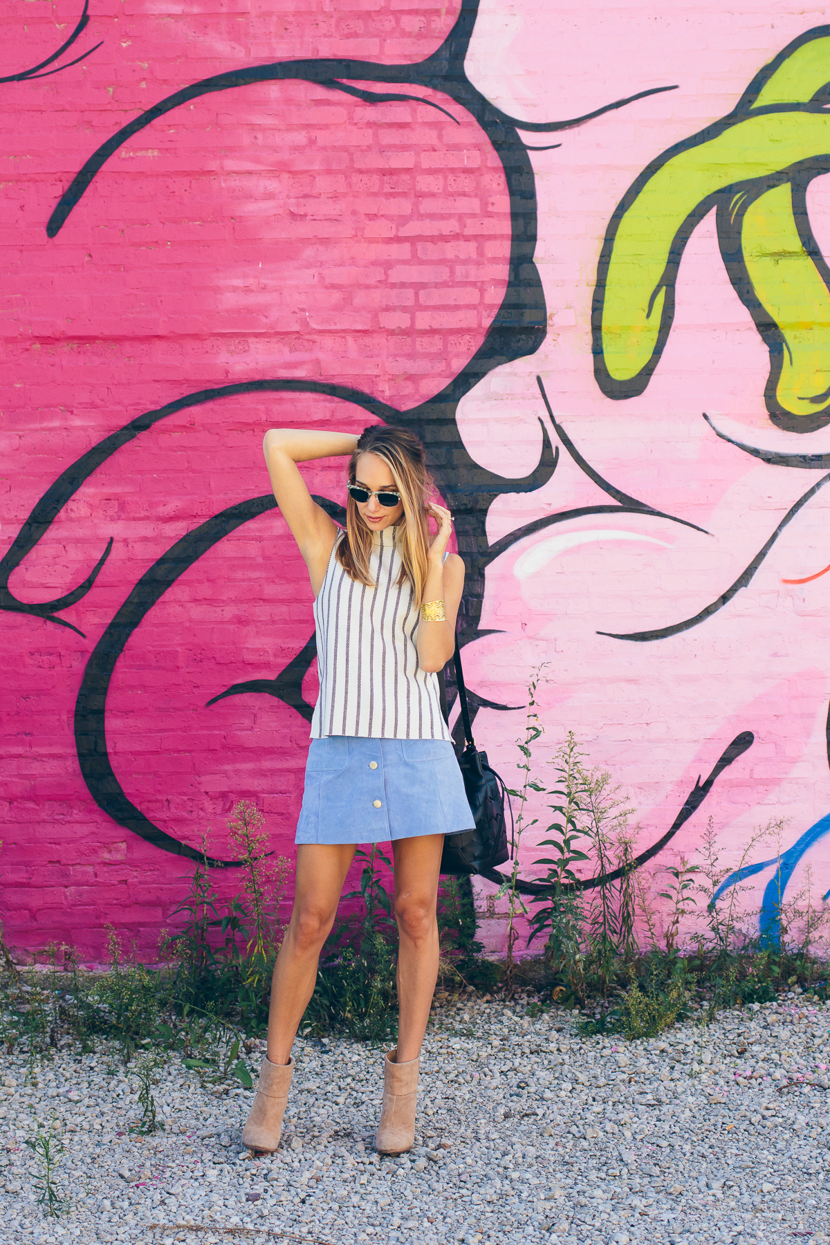 suede skirt, striped mock neck tank —&nbsp;via @TheFoxandShe
