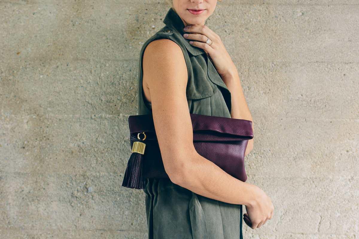 trench vest, wool hat, carmen clutch with tassel detail — via @TheFoxandShe