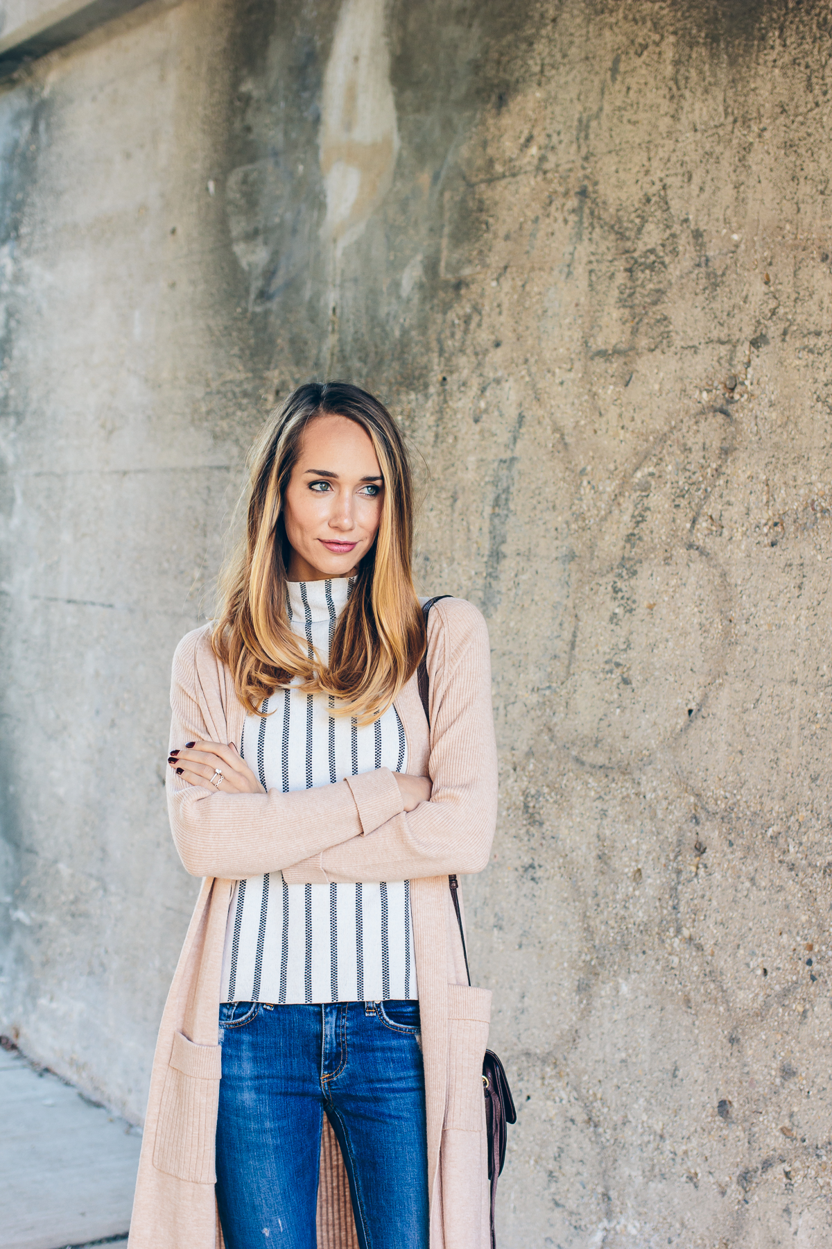 casual winter outfit, long cardigan, striped tee — via @TheFoxandShe