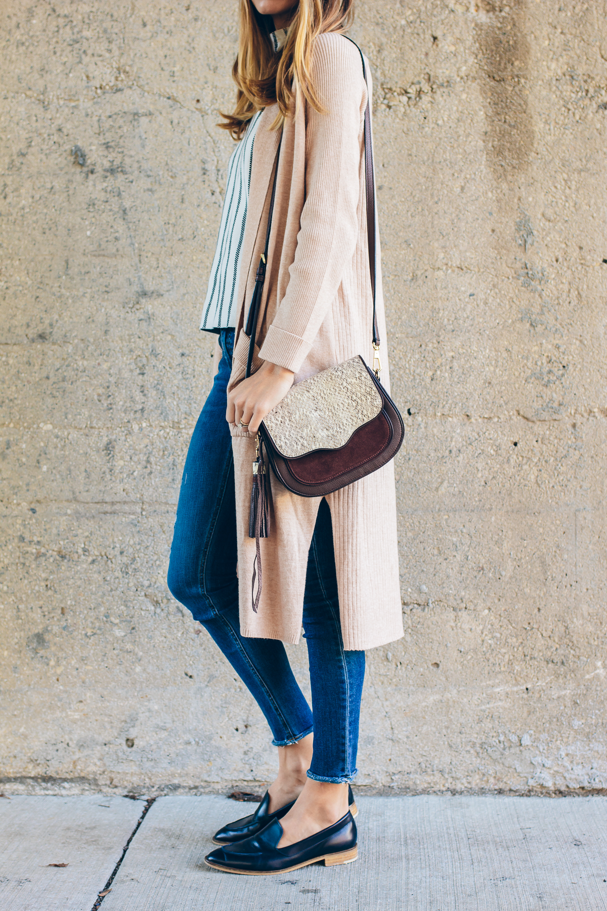 casual winter outfit, long cardigan, loafers, Rebecca Minkoff crossbody — via @TheFoxandShe
