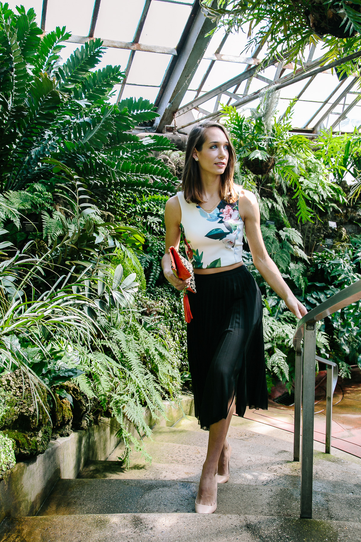 floral crop top, pleated midi skirt —&nbsp;via @TheFoxandShe