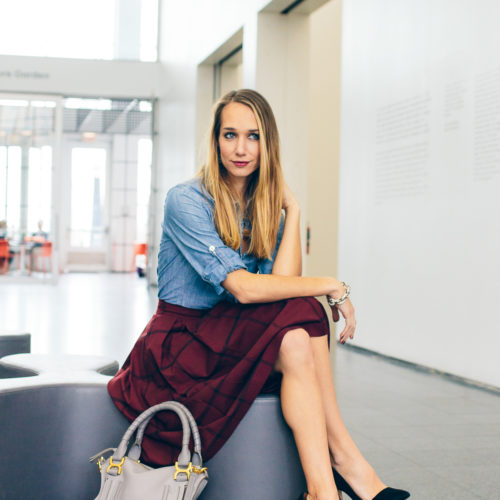 plaid midi skirt, chambray top, holiday outfit idea, outfit inspiration — via @TheFoxandShe