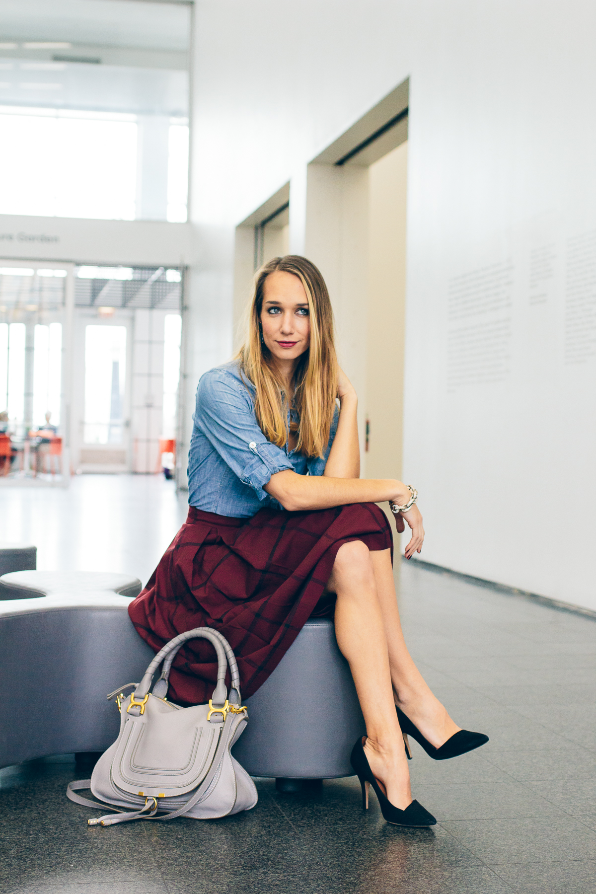 plaid midi skirt, chambray top, holiday outfit idea, outfit inspiration — via @TheFoxandShe