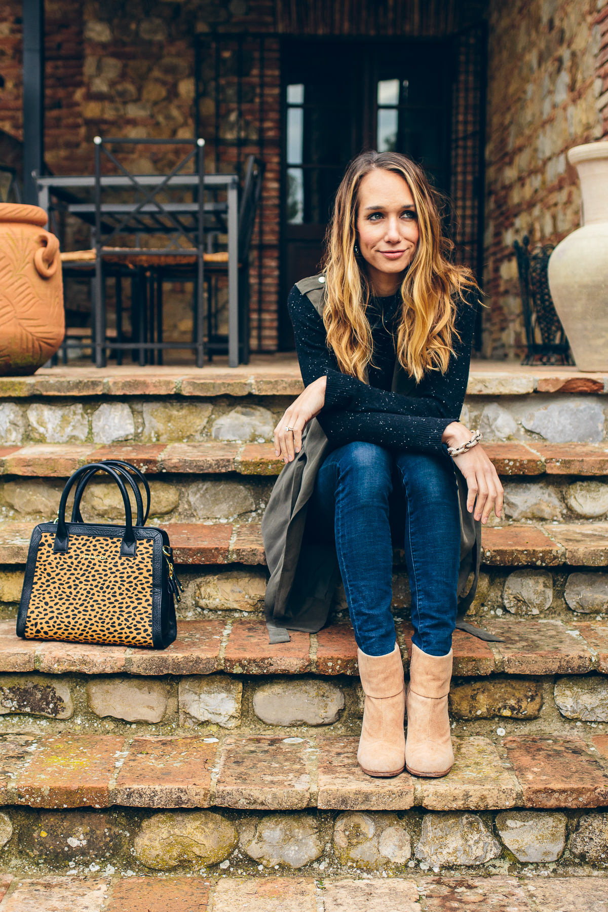 trench vest, black cashmere sweater, winter outfit — via @TheFoxandShe