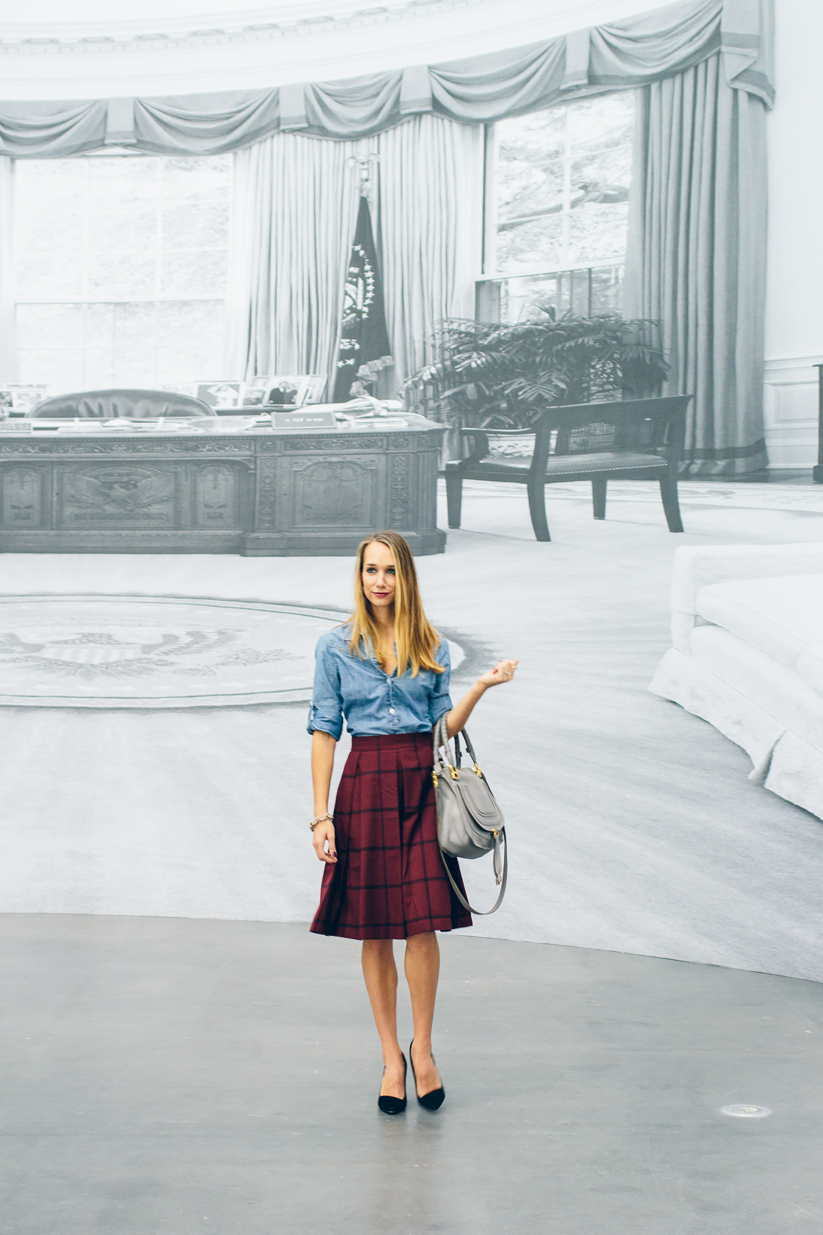plaid midi skirt, chambray top, holiday outfit idea, outfit inspiration — via @TheFoxandShe