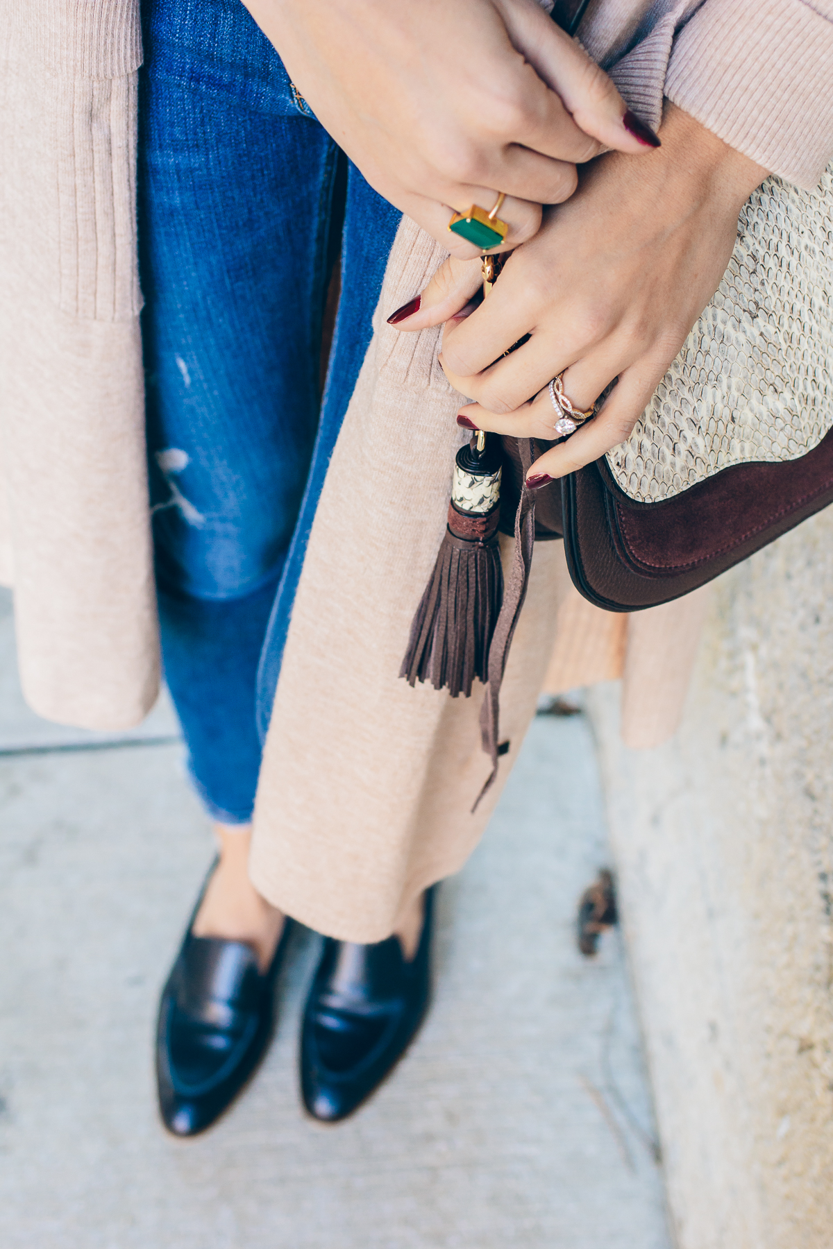casual winter outfit, long cardigan, loafers, Rebecca Minkoff crossbody — via @TheFoxandShe